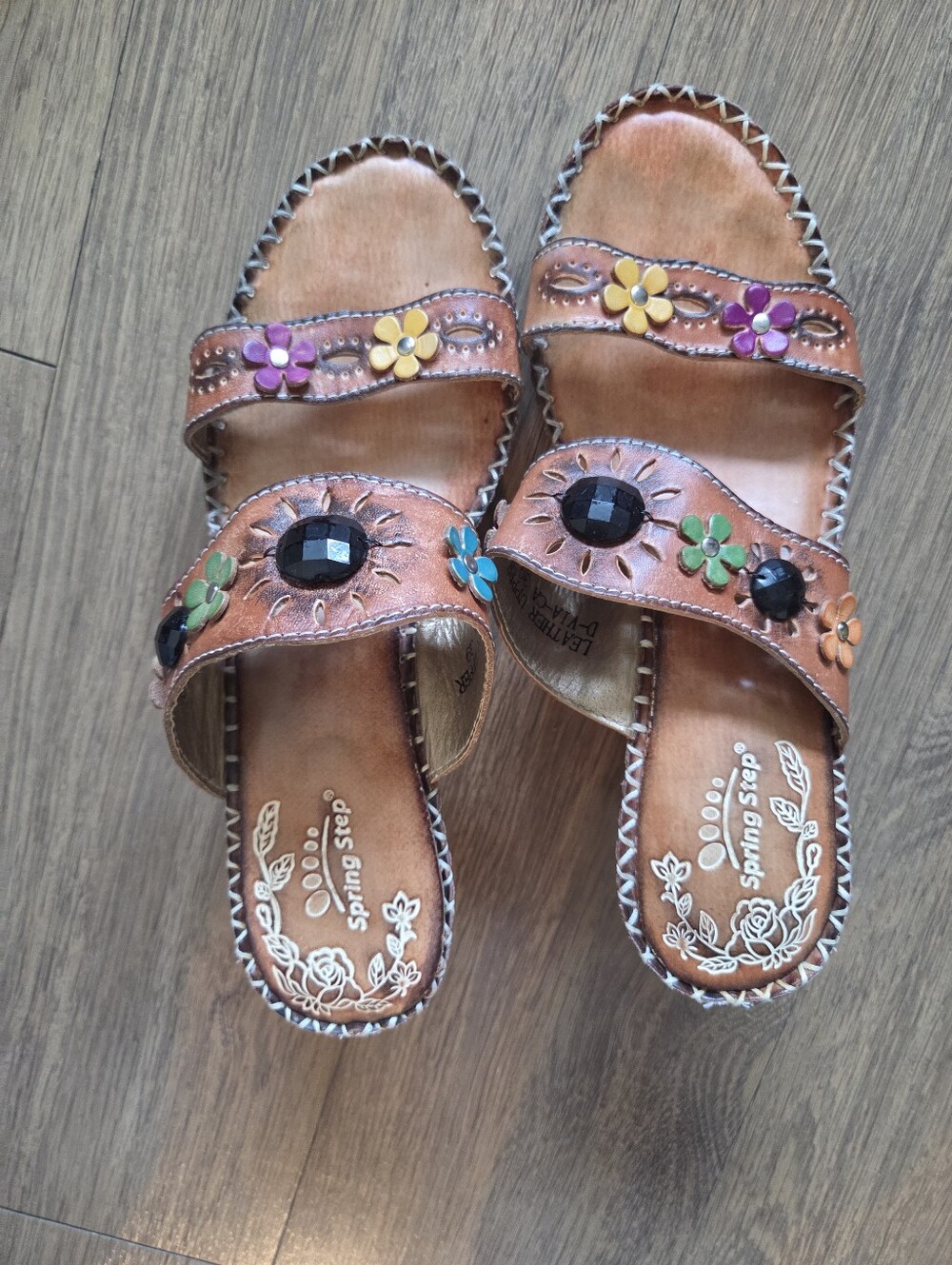 Spring Step Brown Leather Floral Slide Sandals with Multicolor Accents